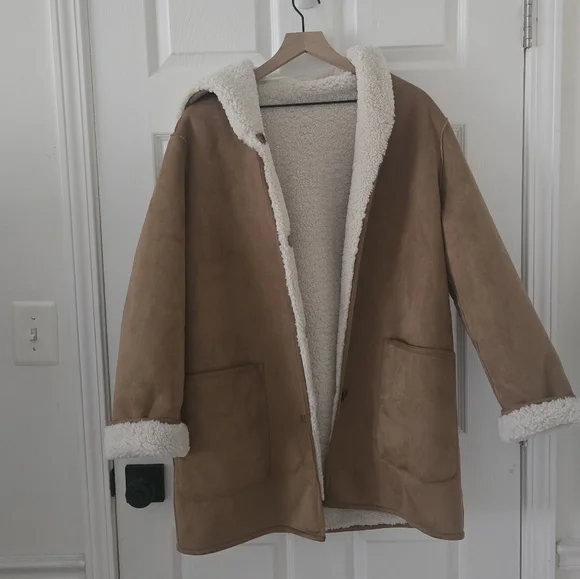 Mango Frigo Faux Shearling Lining Tan Hooded Coat Jacket Size S - Picture 4 of 8